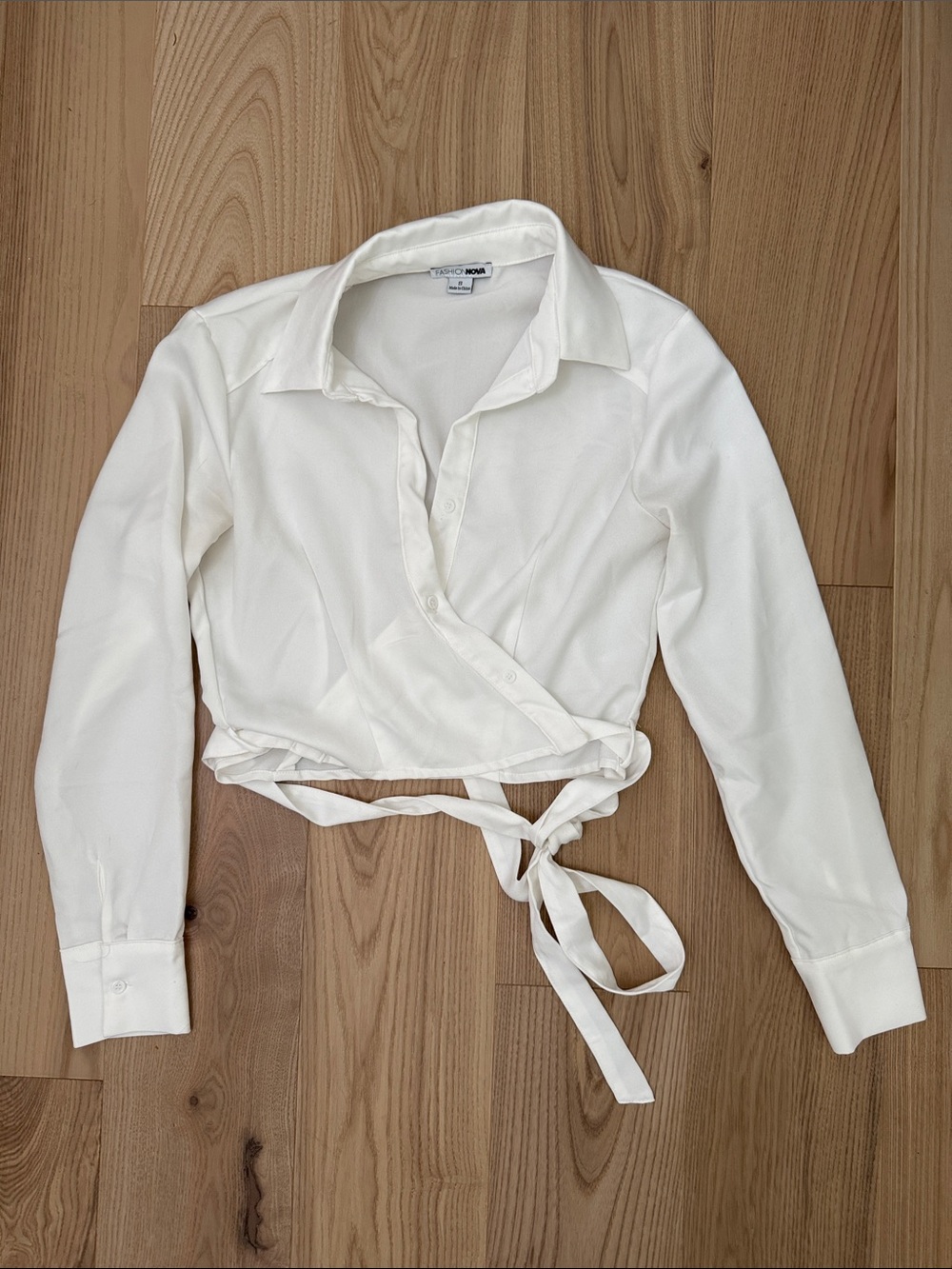 Fashion Nova White Wrap Collared Long-Sleeve Blouse